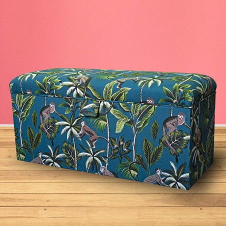 Storage Bench Ottoman in a Monkey Teal 100% Cotton Print Fabric