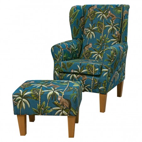 Standard Wingback Fireside Westoe Chair & Matching Footstool in Monkey Teal 100% Cotton Print Fabric