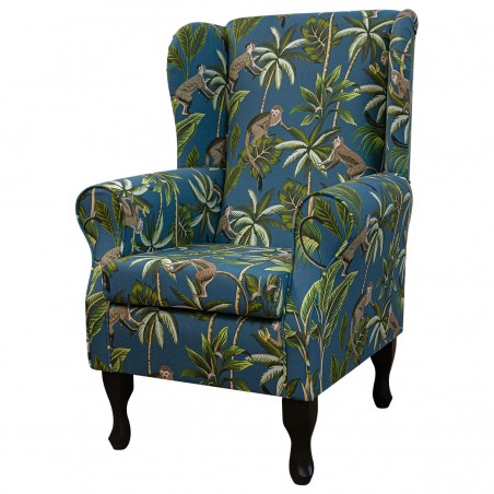 Standard Wingback Fireside Westoe Chair & Matching Footstool in Monkey Teal 100% Cotton Print Fabric