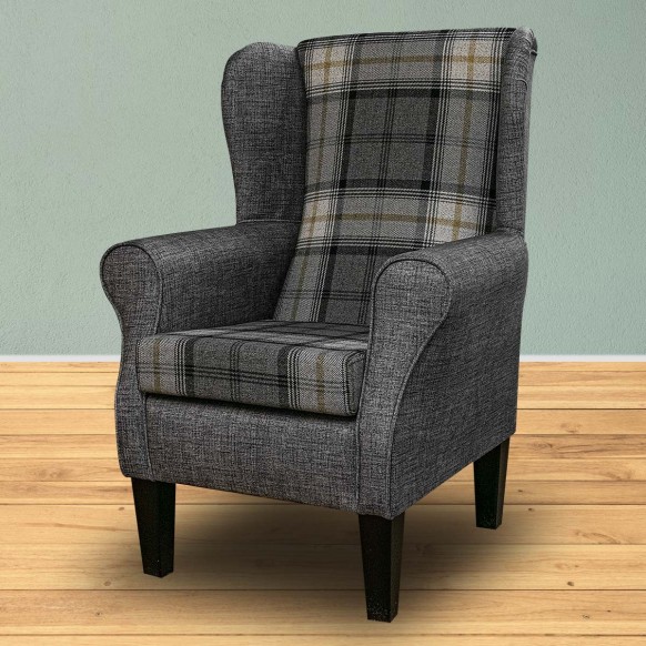 CLEARANCE Standard Wingback Fireside Chair in Sophie Check Grey & Maya Charcoal Fabric