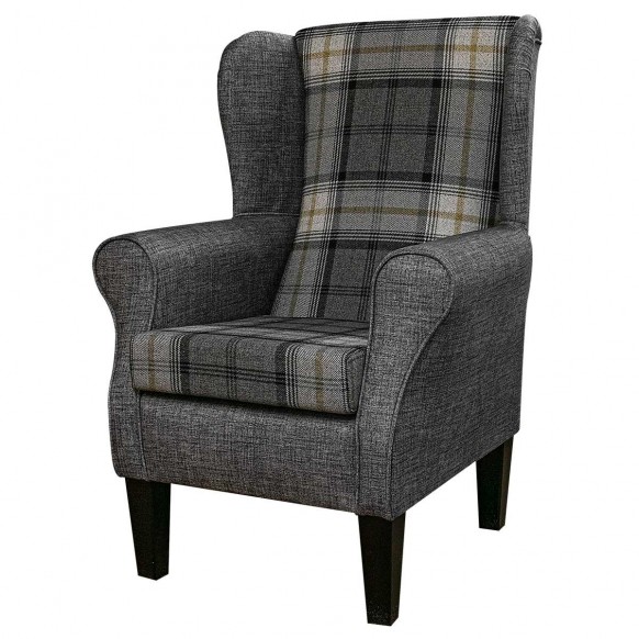 CLEARANCE Standard Wingback Fireside Chair in Sophie Check Grey & Maya Charcoal Fabric