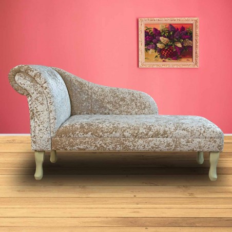 52" Medium Chaise Longue in Shimmer Mink Crushed Velvet Fabric