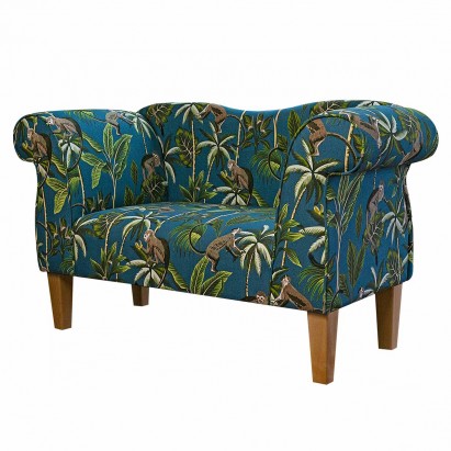 Small Chaise Sofa in Monkey Teal Tropical Fabric