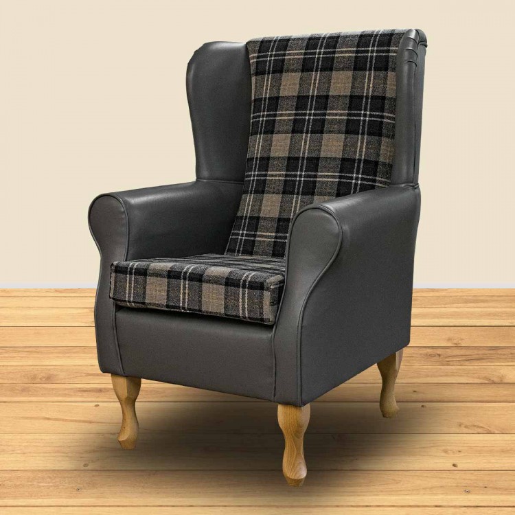 Grey Checked Tartan and Leather Chair Fireside Chair for Sale