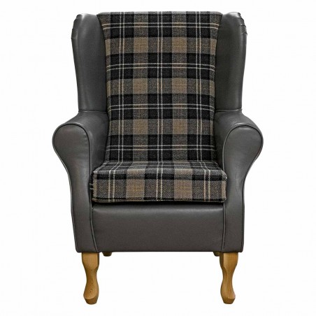 Standard Wingback Fireside Chair in Lana Granite Plaid Tartan & Eel Grey Vinyl