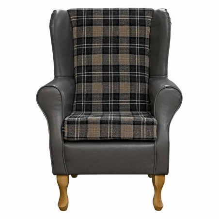 grey tartan and leather chair