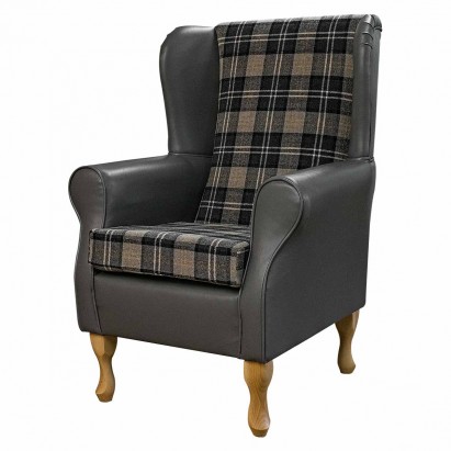 Standard Wingback Fireside Chair in Lana Granite Plaid Tartan & Eel Grey Vinyl