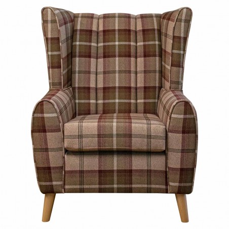 LUXE Fluted Wingback Chair in Balmoral Mulberry Tartan Fabric