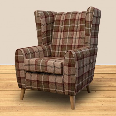 LUXE Fluted Wingback Chair in Balmoral Mulberry Tartan Fabric