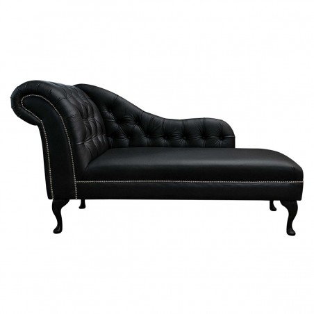 60" Large Deep Buttoned Chaise Longue in Black Genuine Leather