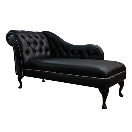 60" Large Deep Buttoned Chaise Longue in Black Genuine Leather