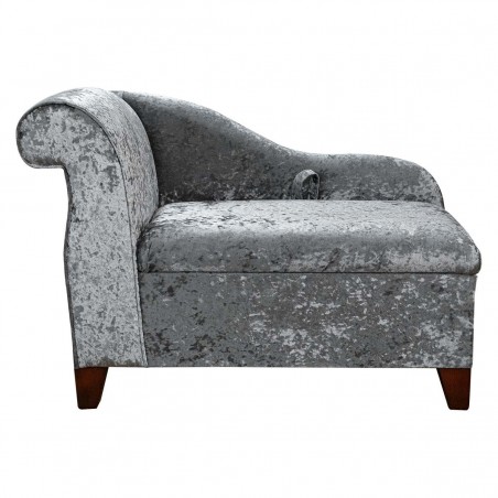 grey velvet chaise lounge with storage