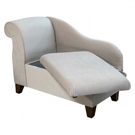 LUXE 41" Storage Chaise Longue in AquaVelvet Oatmeal Fabric