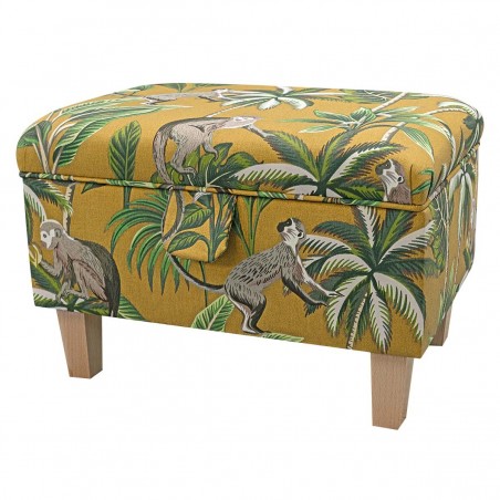 yellow footstool with monkey fabric