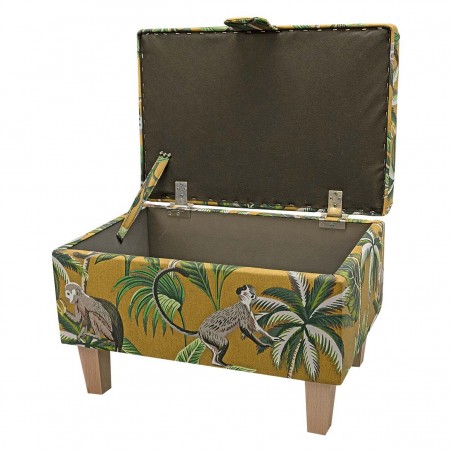 yellow storage ottoman with monkey fabric