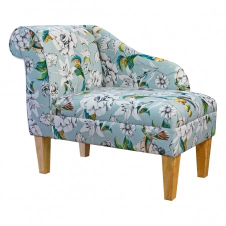 36" Compact Chaise Longue in Meastro Rembrandt Hummingbird Duck Egg Printed Velvet Fabric