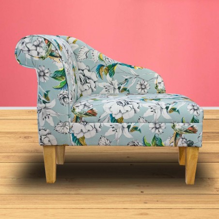 36" Compact Chaise Longue in Meastro Rembrandt Hummingbird Duck Egg Printed Velvet Fabric