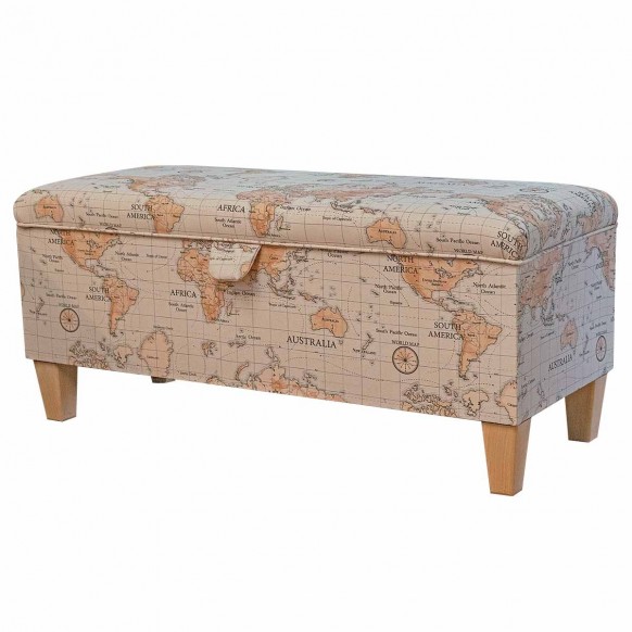 Storage Bench Stool in Maps Multi 100% Cotton Fabric