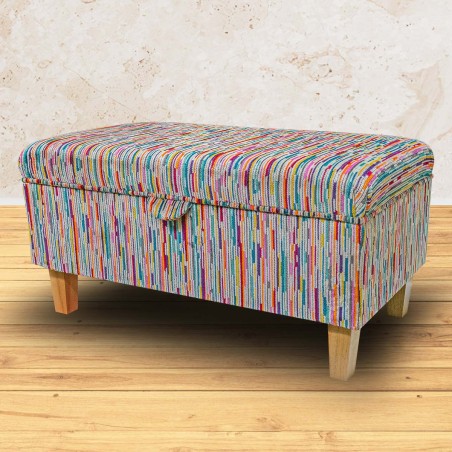 LUXE Storage Footstool, Ottoman, Pouffe in an Extravaganza Stripe Burst Rainbow Fabric