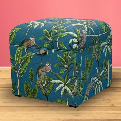 Square Storage Pouffe in Monkey Teal 100% Cotton Fabric