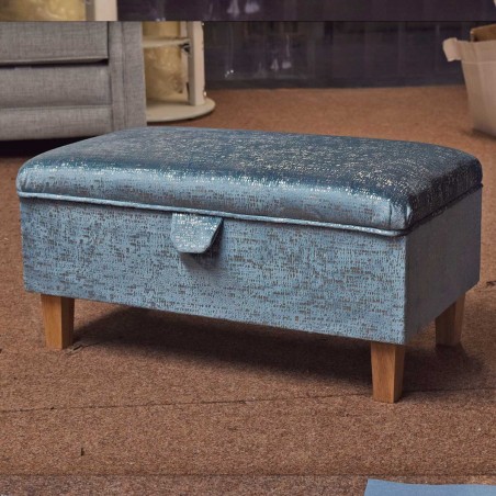 OUTLET Storage Footstool Ottoman in Metallic Aqua Fleck Fabric