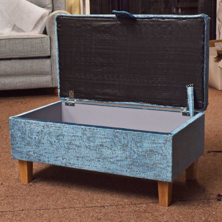 OUTLET Storage Footstool Ottoman in Metallic Aqua Fleck Fabric