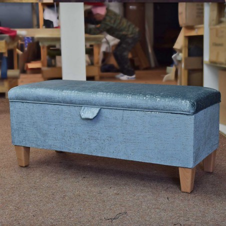 OUTLET Storage Bench Stool in Metallic Aqua Fleck Fabric