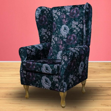 Large High Back Chair in Prints Blossom Aubergine Fabric