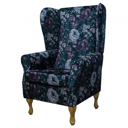 Large High Back Chair in Prints Blossom Aubergine Fabric