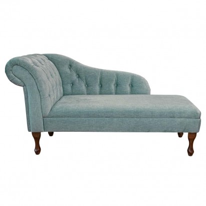 56" Medium Buttoned Chaise Longue in Raffles Duck Egg Velvet Linen Fabric