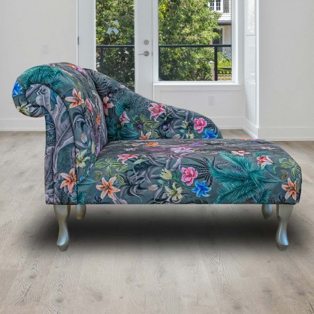 41" Buttoned Mini Chaise Longue in Maestro Ribera Grey Botanical Printed Velvet Fabric