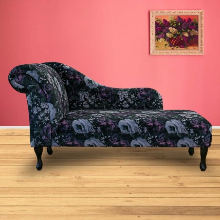 60" Large Chaise Longue in Prints Blossom Aubergine Velvet Fabric