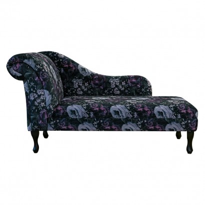 60" Large Chaise Longue in Prints Blossom Aubergine Velvet Fabric