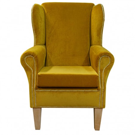 CLEARANCE Standard Wingback Fireside Westoe Chair in a Malta Gold Deluxe Velvet Fabric with Full Stud Detail