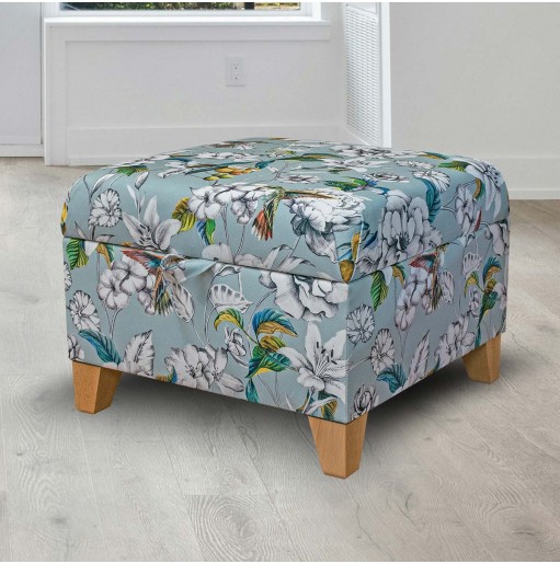 Square Storage Pouffe in Meastro Rembrandt Hummingbird Duck Egg Printed Velvet Fabric