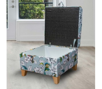 Square Storage Pouffe in Meastro Rembrandt Hummingbird Duck Egg Printed Velvet Fabric