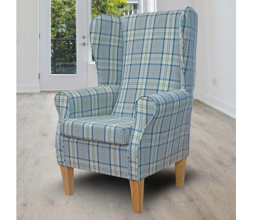 Large High Back Chair in Piazza Ocean Plaid Fabric