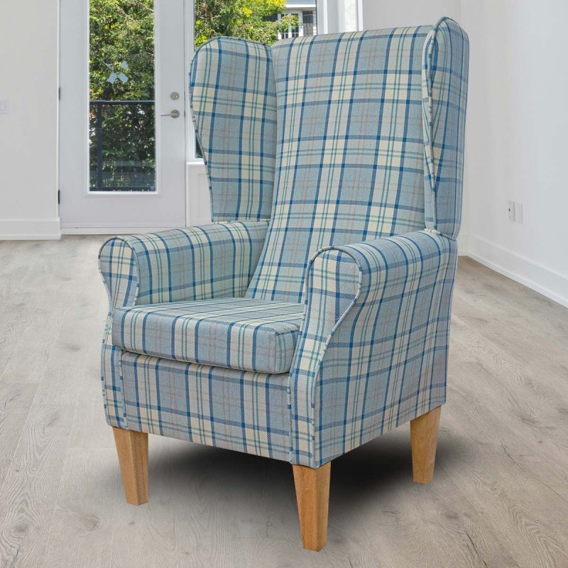 Large High Back Chair in Piazza Ocean Plaid Fabric