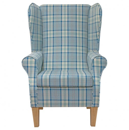 Large High Back Chair in Piazza Ocean Plaid Fabric