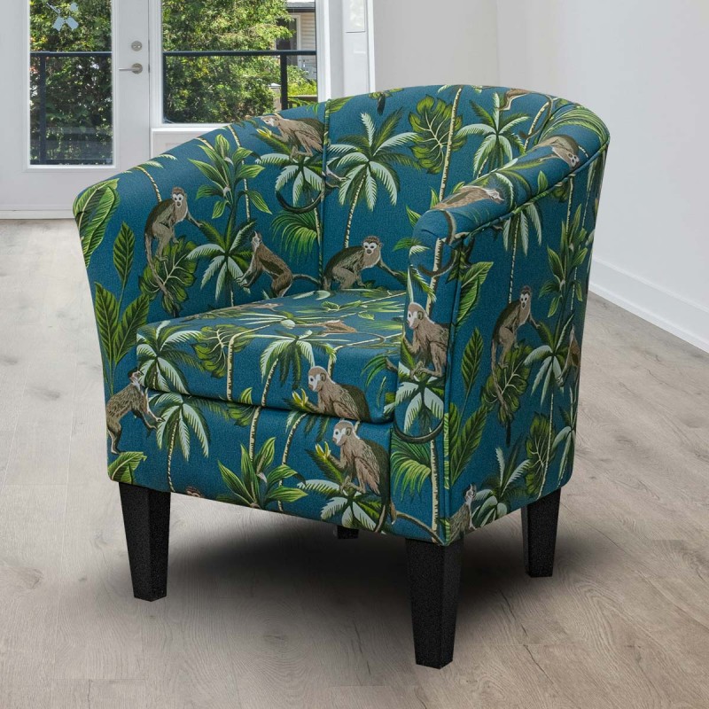 Designer Tub Chair in Monkey Teal 100% Cotton Fabric