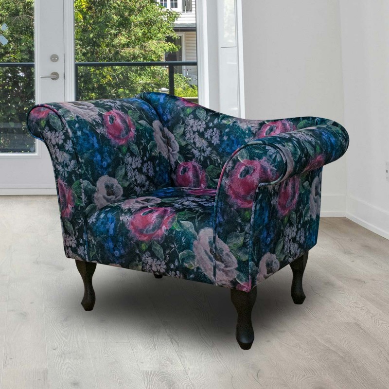 Designer Chaise Chair in Designer Chaise Chair in Prints Vol 1 Blossom Fuchsia Velvet Fabric Fabric