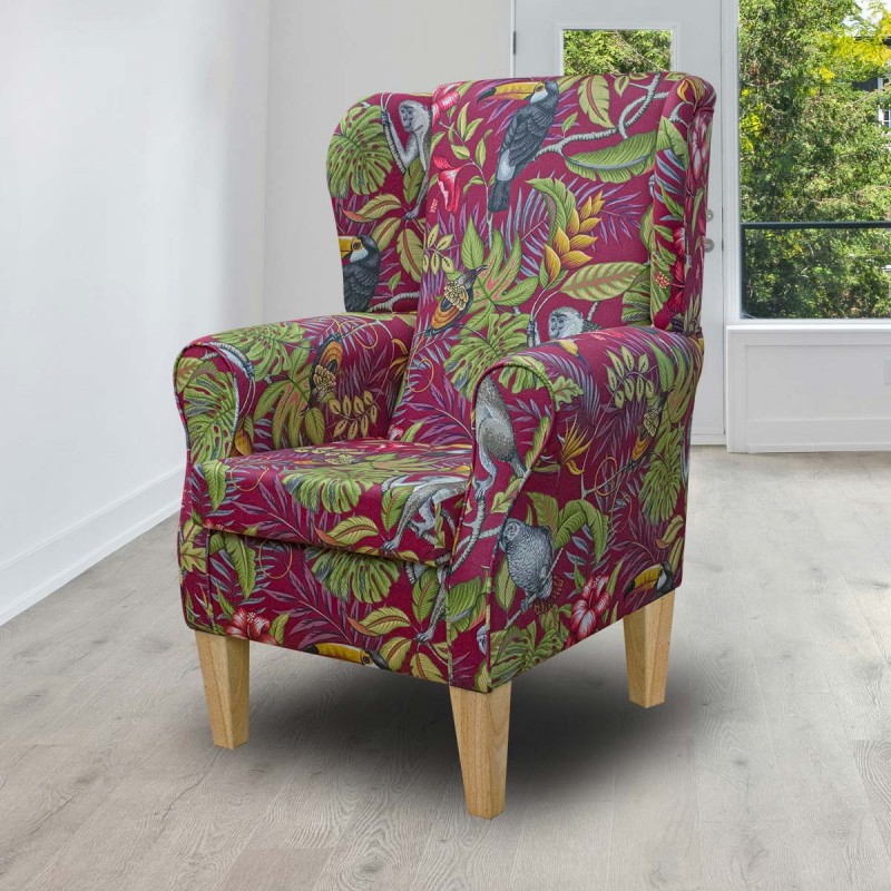 Standard Wingback Fireside Chair in Rainforest Cranberry Cotton Fabric