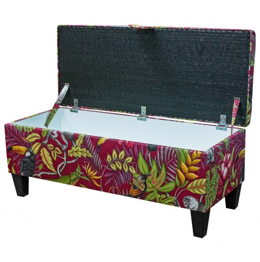 Storage Bench Stool in Rainforest Cranberry Cotton Fabric