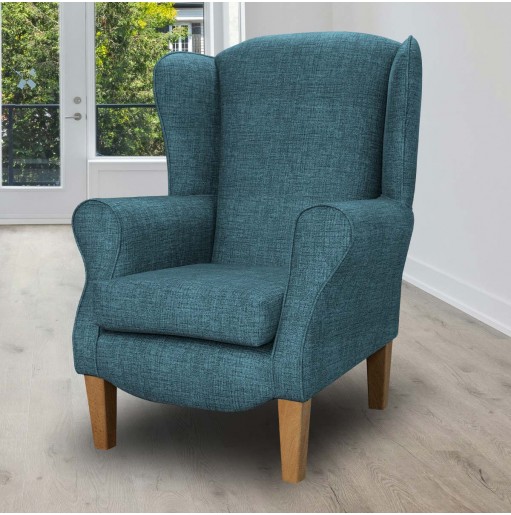 Duchess Wingback Armchair in a Maya Blue Velvet Faux Weave Fabric