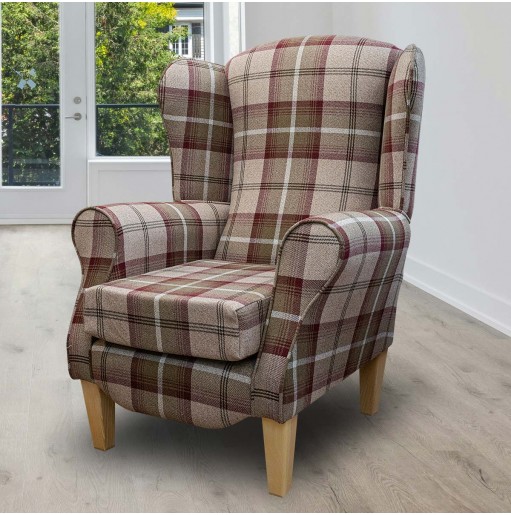 LUXE Duchess Wingback Armchair in a Balmoral Mulberry Tartan Fabric