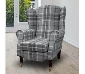 LUXE Duchess Wingback Armchair in a Balmoral Dove Grey Tartan Fabric