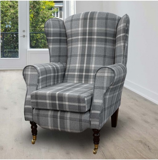 LUXE Duchess Wingback Armchair in a Balmoral Dove Grey Tartan Fabric