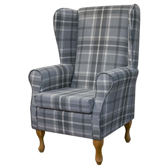 LUXE Large High Back Chair in Balmoral Dove Tartan Fabric