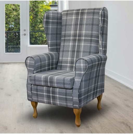 LUXE Large High Back Chair in Balmoral Dove Tartan Fabric