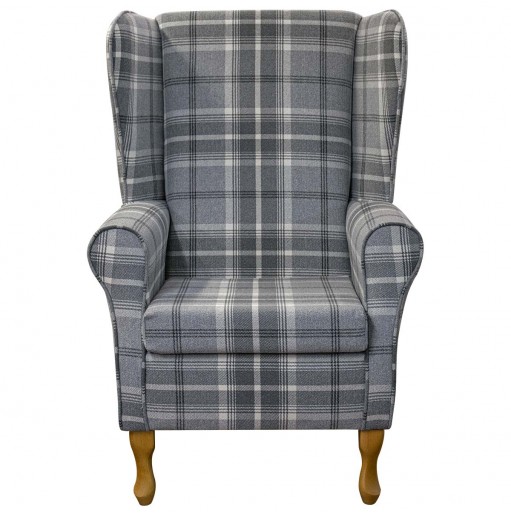 LUXE Large High Back Chair in Balmoral Dove Tartan Fabric